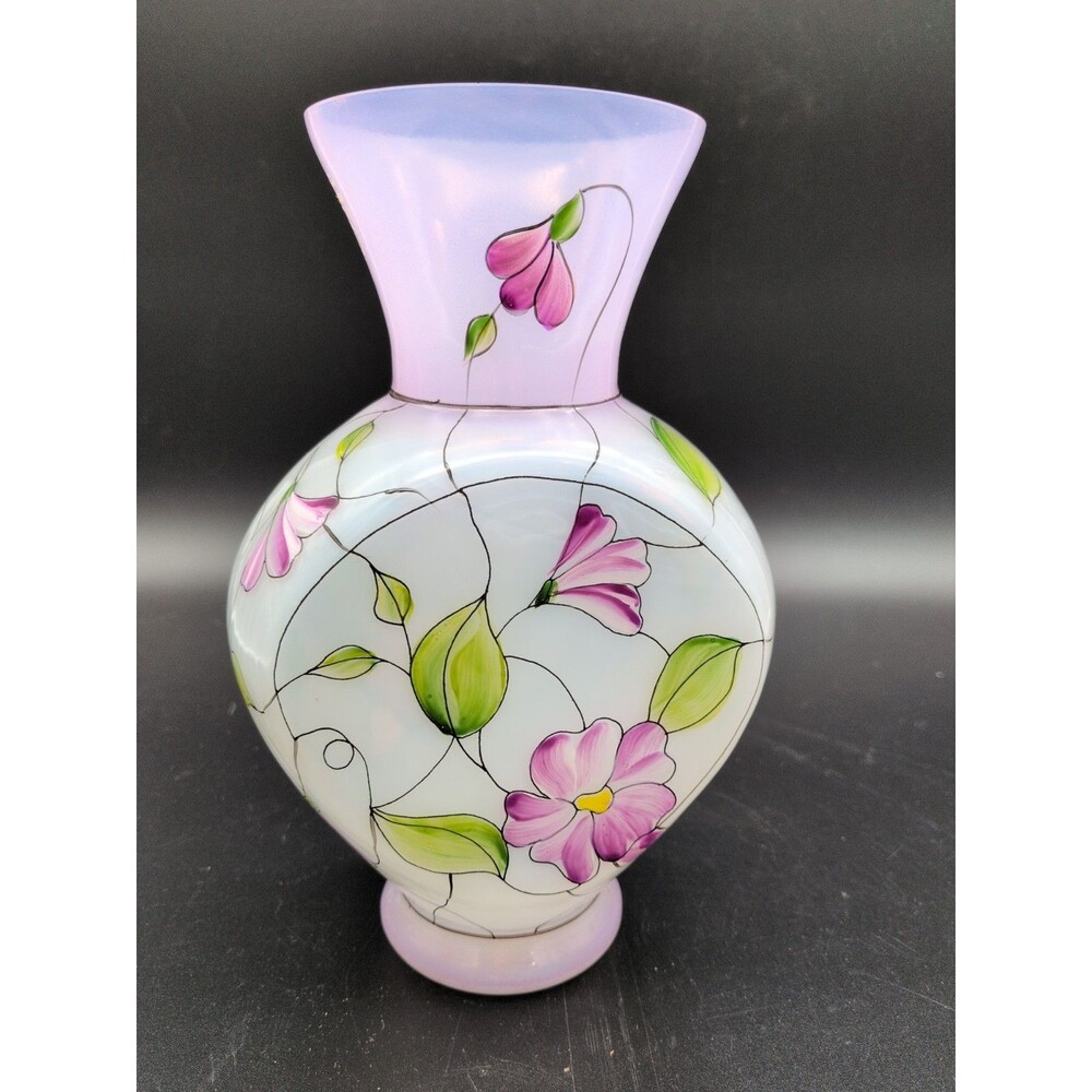 Vintage Fenton Glass - Opalescent Vase - Hand Painted Stained Glass Floral